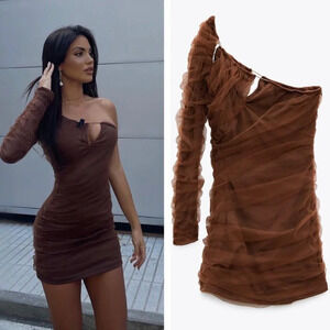 Zara Cut Out Tulle One Sleeve Mini  Dress Brown Size Small